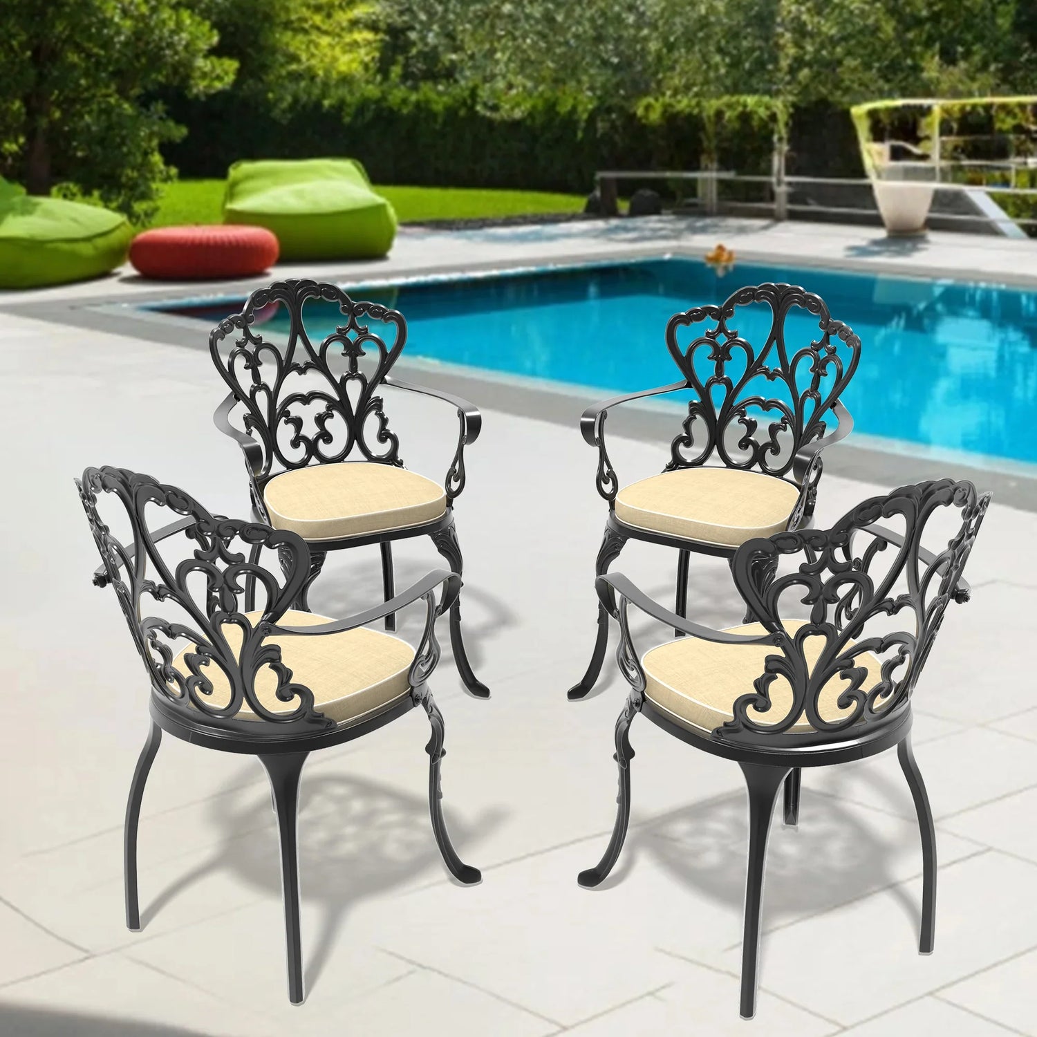 Cast Aluminum Patio Dining Chair 4PCS With Black Frame and Beige Cushions