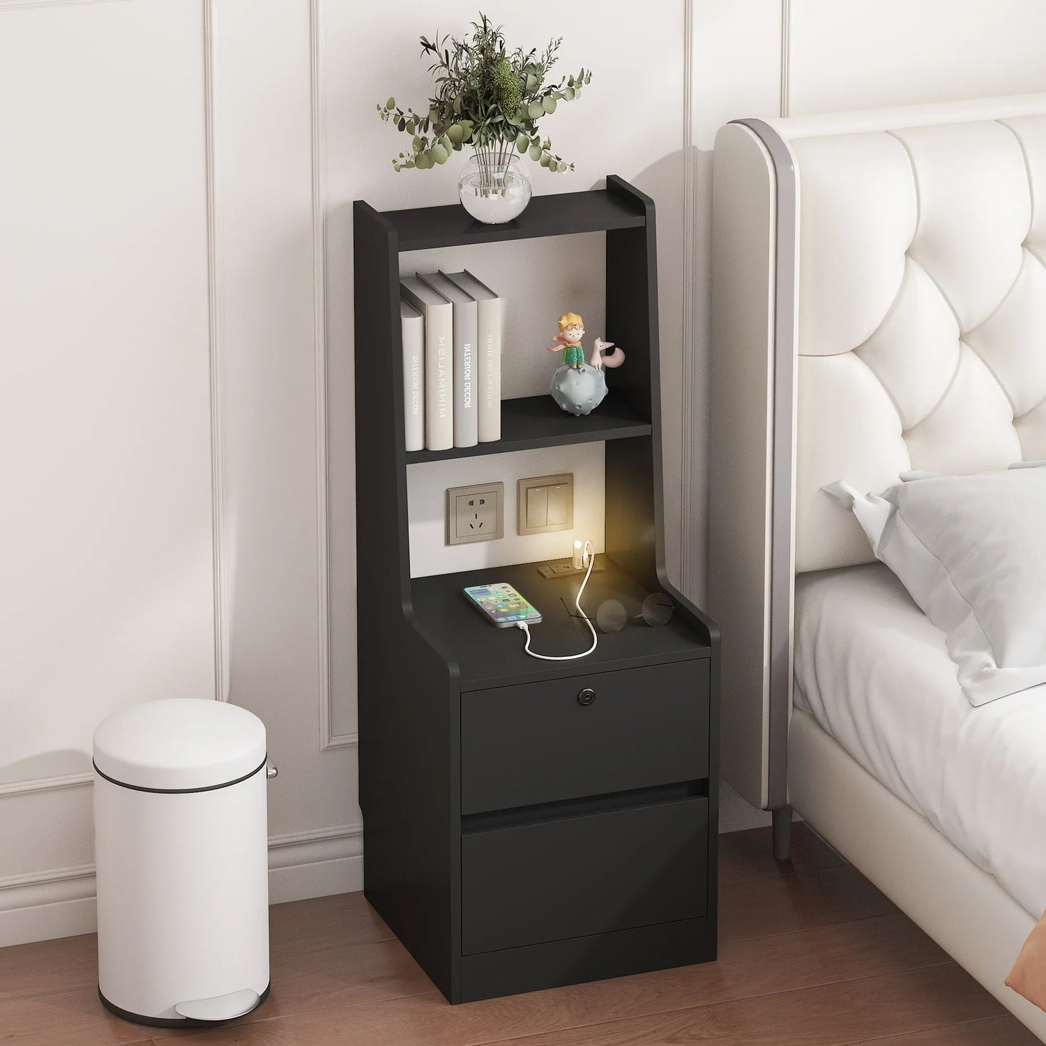 Mesita de noche con base de carga, mesita de noche inteligente con luz nocturna, mesita de noche moderna con estantería, mesitas de noche con mueble de almacenaje para dormitorio, color negro