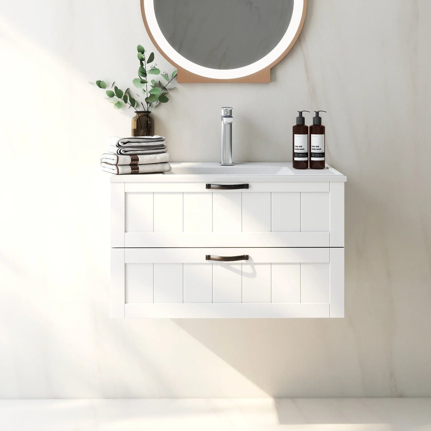 31.5' Bathroom Vanities Cabinet with Sink Combo, Wall Mounted Floating Cabinet With Decor Line, Soft-Close System, 2 Extra Big Drawers,Solide Wood, for Bathroom White