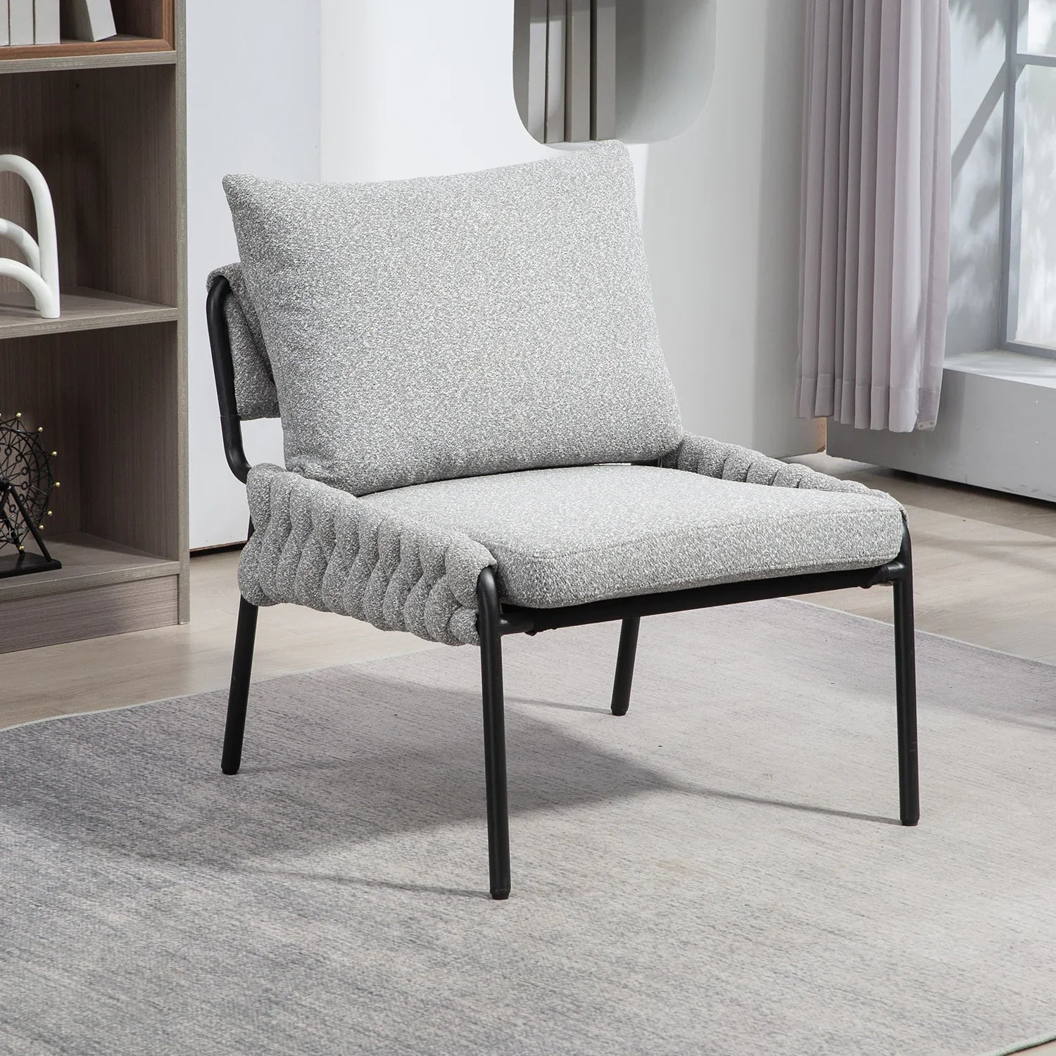 Modern Accent Lounge Chair with Braided Upholstery and Metal Frame, Comfortable Armchair for Living Room or Bedroom, Soft Cushioned Seat and Backrest, Set of 1 (GREY)