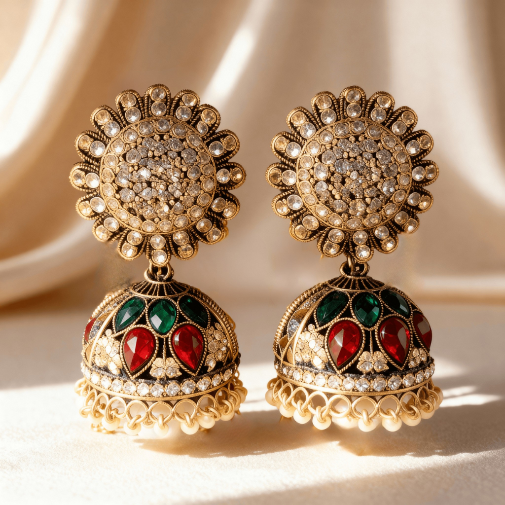 Red & Green Stone Jhumki Earrings with Pearl Details