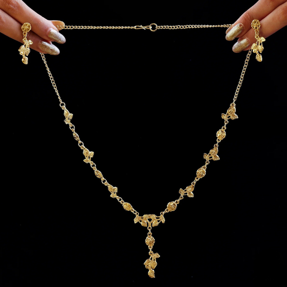 Buytitude Golden Aura Leaf Charm Necklace Set with Earrings