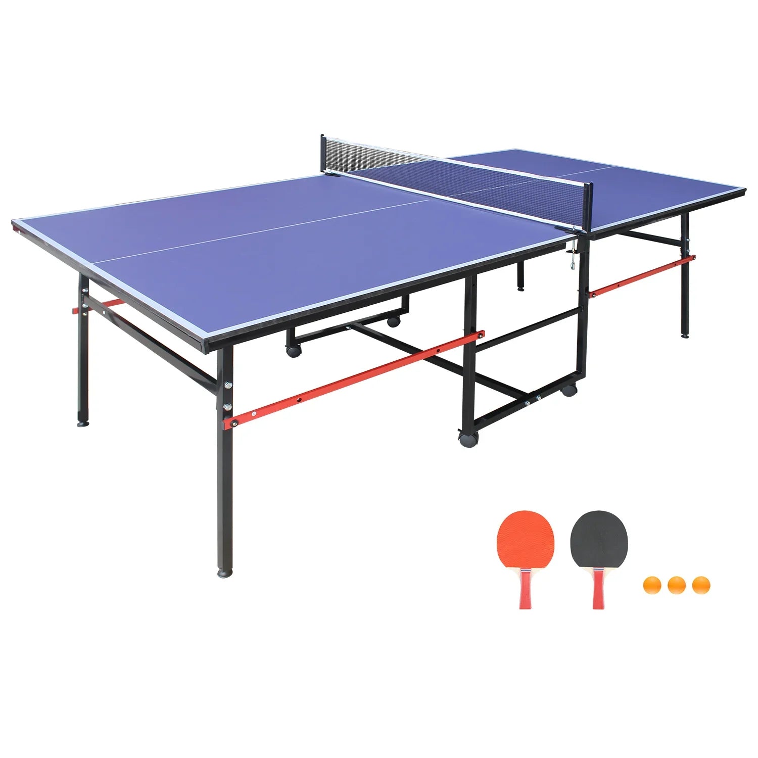 8ft Mid-Size Table Tennis Table Foldable & Portable Ping Pong Table Set for Indoor Games with Net, 2 Table Tennis Paddles and 3 Balls