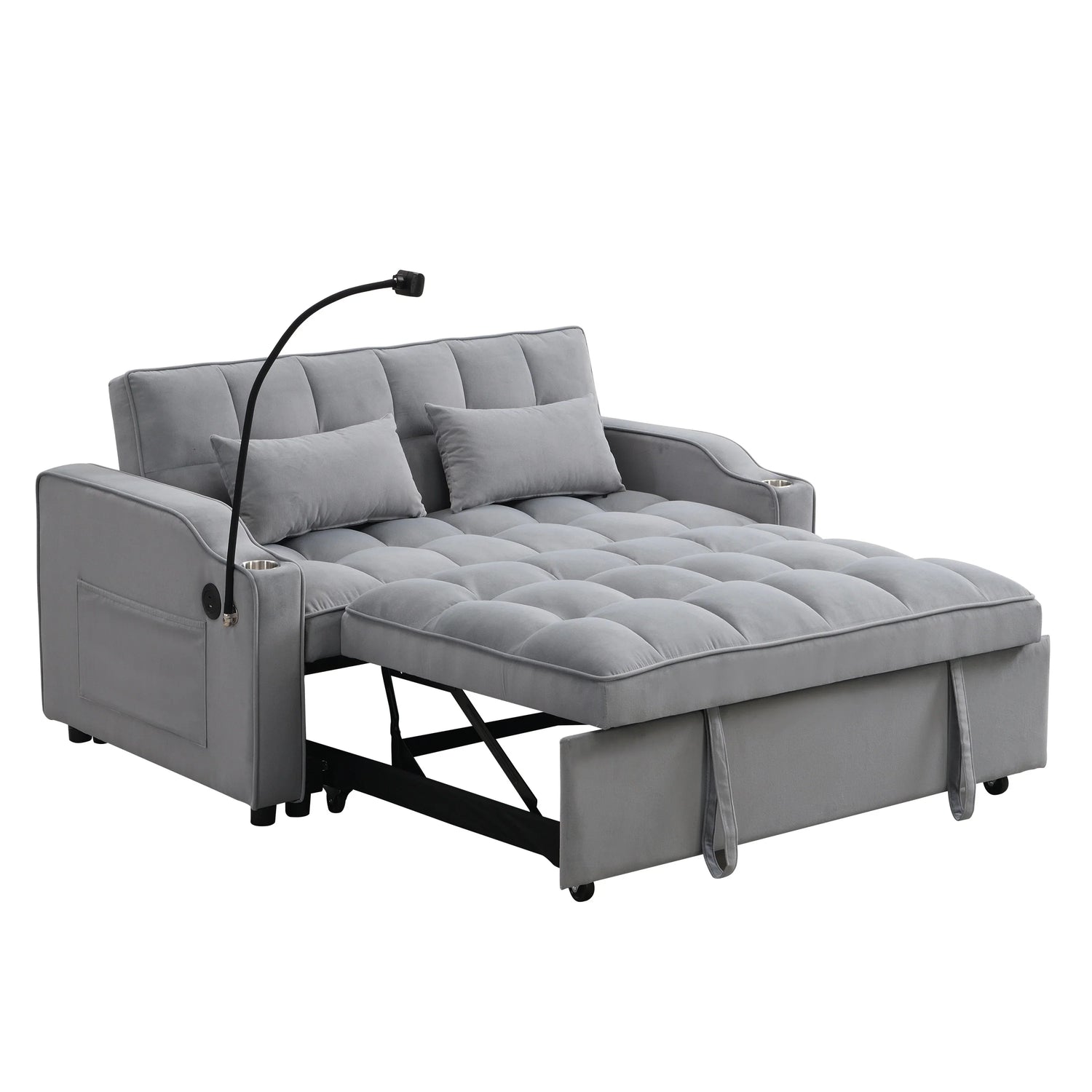 Modern Velvet Loveseat Futon Sofa Couch with Pullout Bed, Adjustable Backrest, Toss Pillows, Light Gray