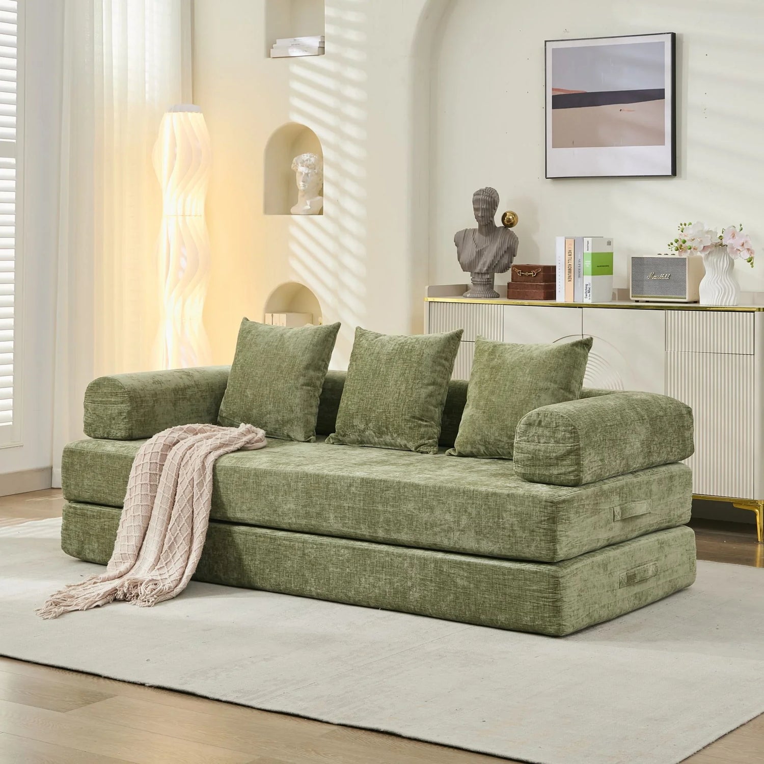 Comfy Convertible Folding Mattress Couch, Floor Sofa Bed, Chenille Floor Sofa with Armrest, Floor Sofa Lounge Couch for Living Room Bedroom Lounge Studio-Green