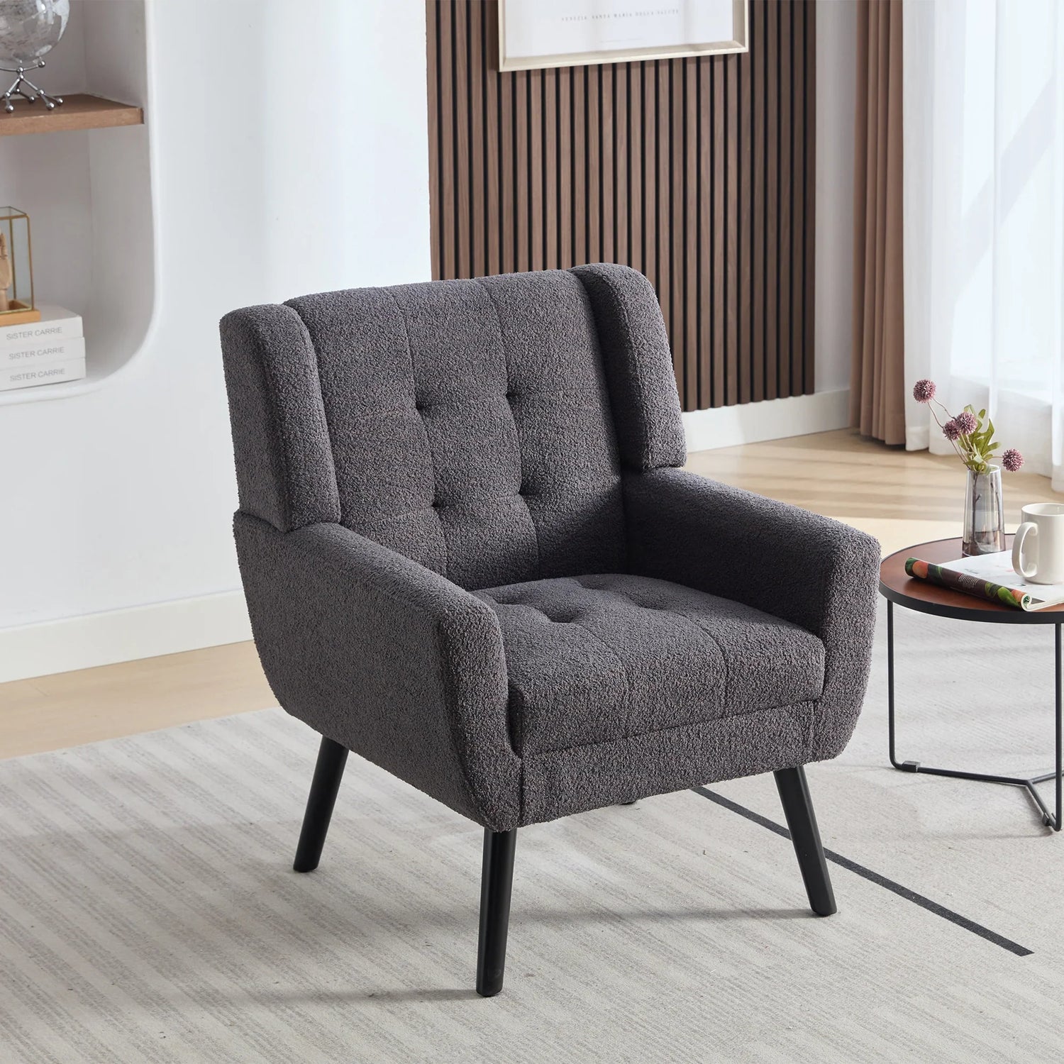 Modern Soft Teddy  Material Ergonomics Accent Chair Living Room Chair Bedroom Chair Home Chair With Black Legs For Indoor Home-Grey Teddy Fabric