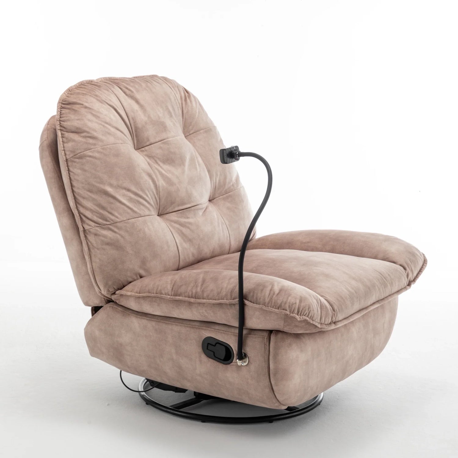 Modern Natural Brown Swivel Gliding Recliner Chair with Rocking Function and Phone Holder – Large Comfortable Reading Chair in Gold-Stamped Velvet