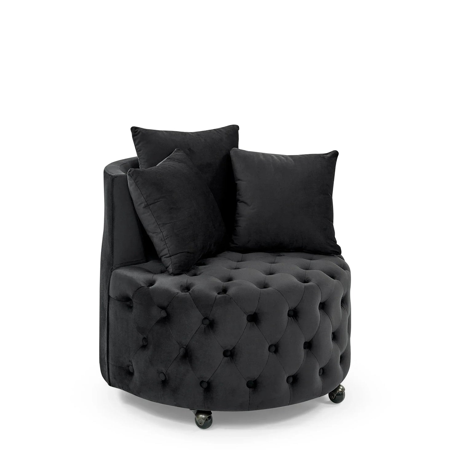 Modern Velvet Upholstered Swivel Chair with Button Tufted Design, Movable Wheels, 3 Pillows, Black