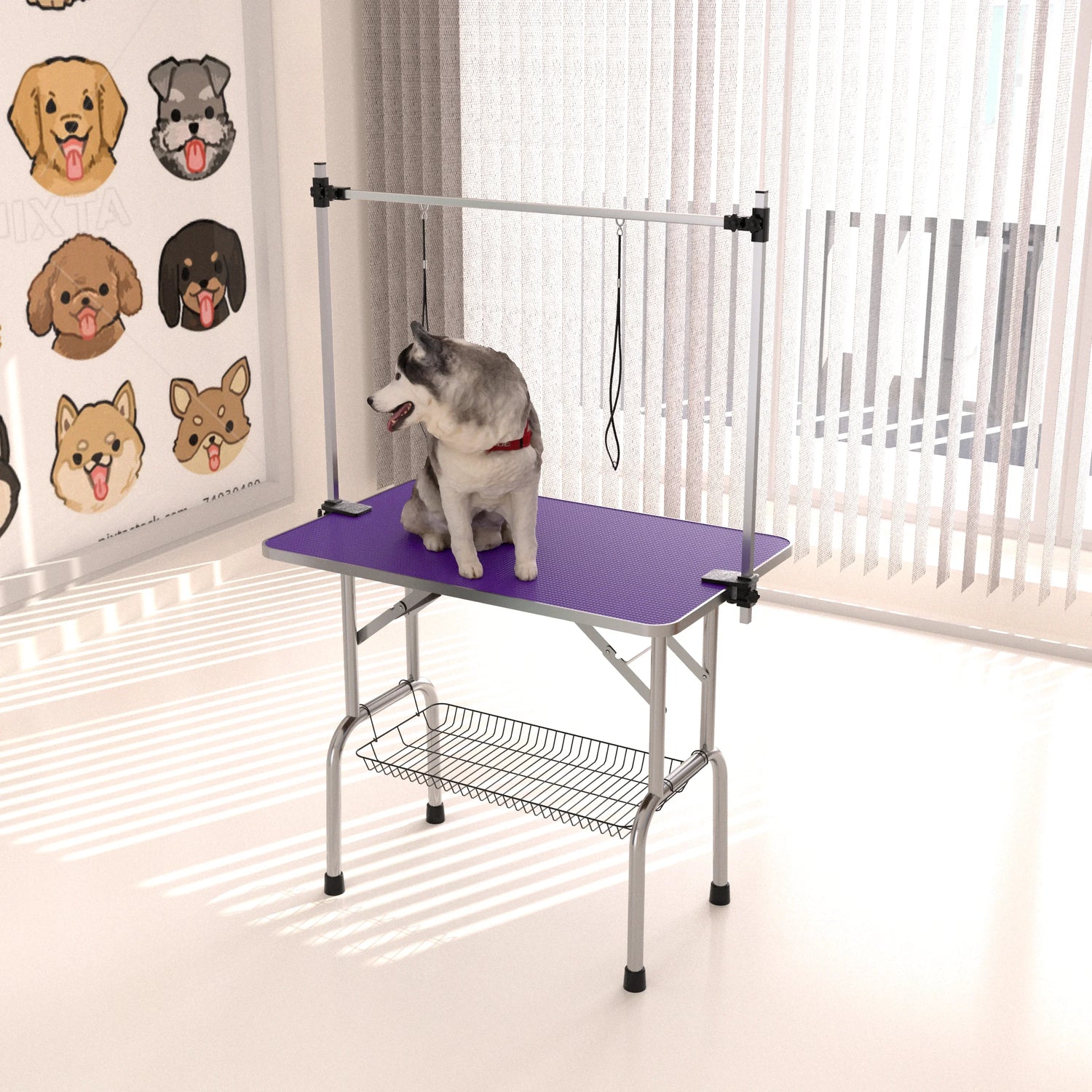 36' Folding Dog Pet Grooming Table Stainless Steel Frame Rubber Mat on Board with Adjustable Arm and Clamps pet dog Cat Grooming Table (PURPLE COLOR)