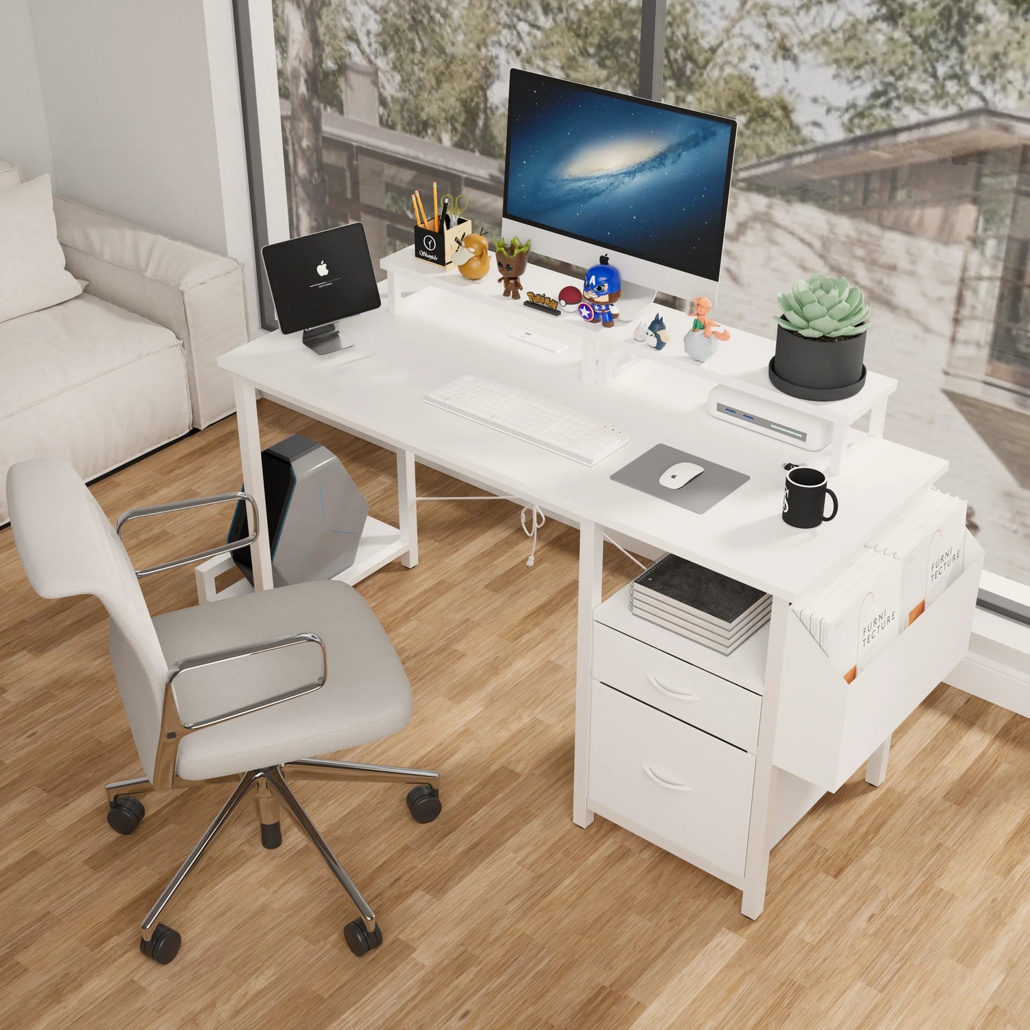 47.3'office desk with power outlet,2 Monitor Stands,2 drawers,Side Pocket,Easy to Assemble,Frame stability Reversible,use for home desk, computer desk, game table,White