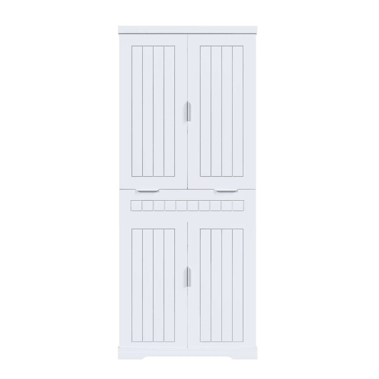 Farmhouse Style White Pantry Cabinet with Drawer, 2 Cabinets & 6 Door Shelves, Adjustable Shelves, Freestanding Cupboard