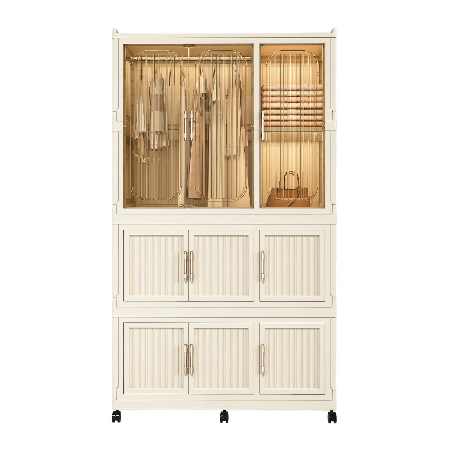 Portable Wardrobe Closet Storage Organizer with 9 Magnetic Doors, Cream White,