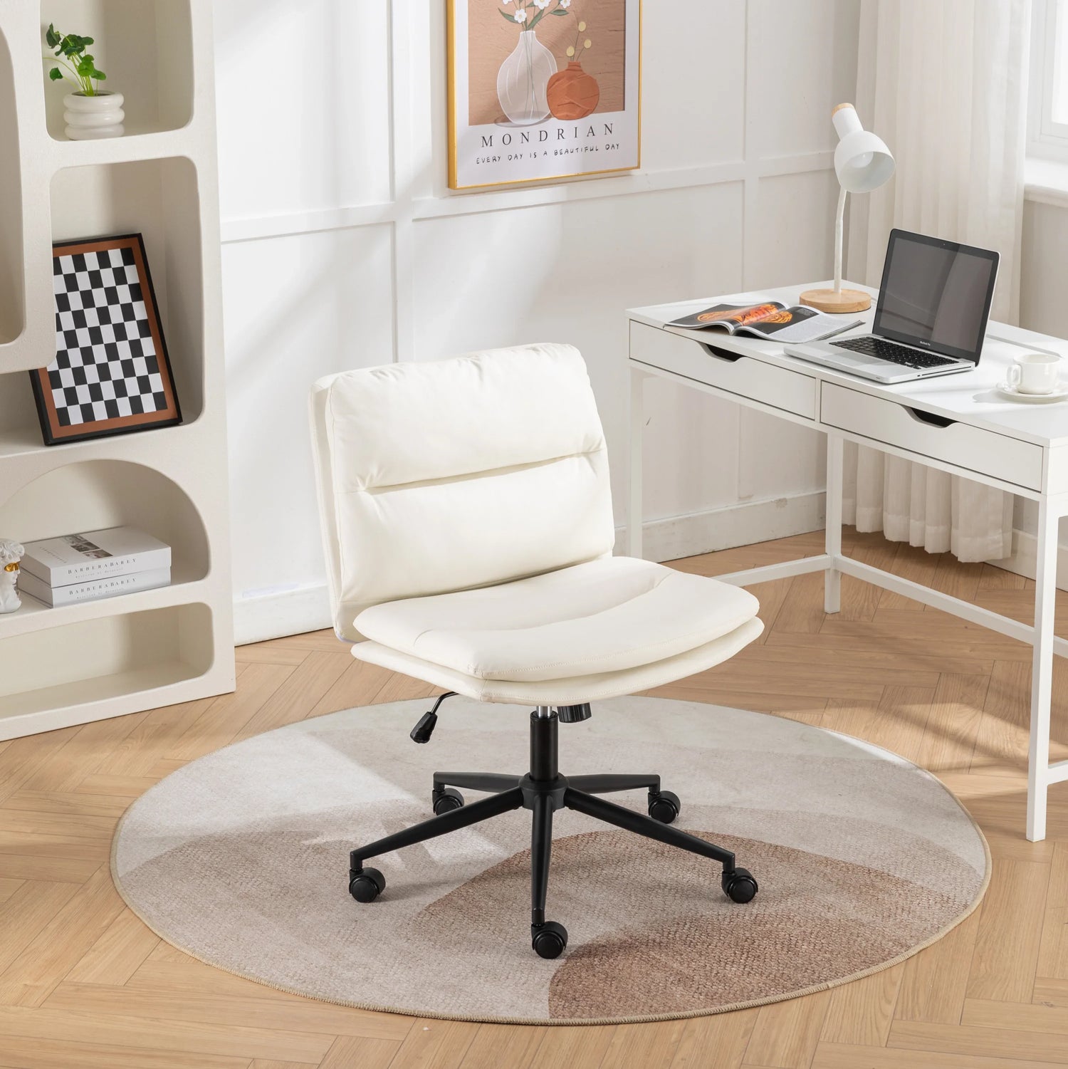 Silla giratoria ajustable Bizerte con asiento ancho, con reposapiés, color blanco