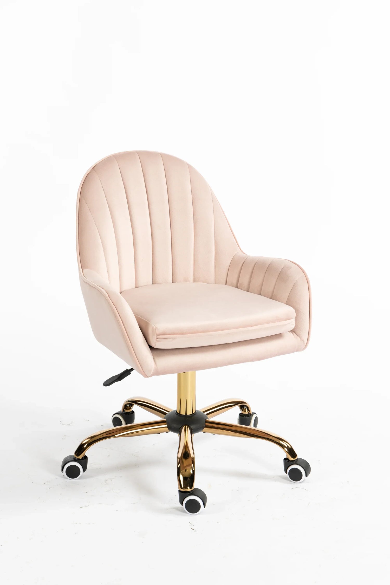 Silla de oficina de terciopelo con ruedas, bonita silla con brazos laterales y base de metal dorado para sala de estar, dormitorio y tocador, escritorio con diseño de uñas brillante para mujer, altura ajustable, color rosa