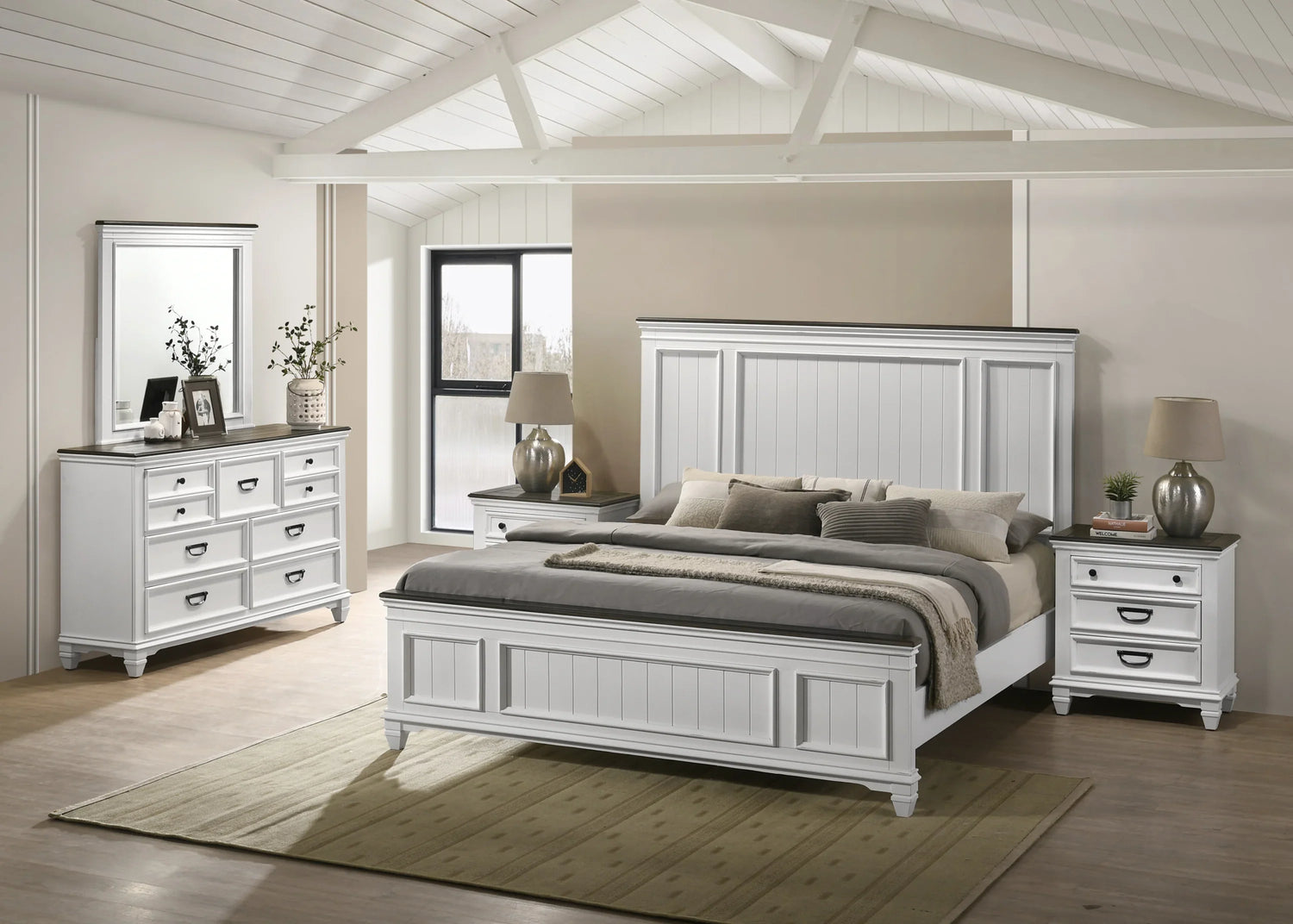 Clelane Wood Bedroom Set with Shiplap Panel King Bed, Dresser, Mirror, and two Nightstands