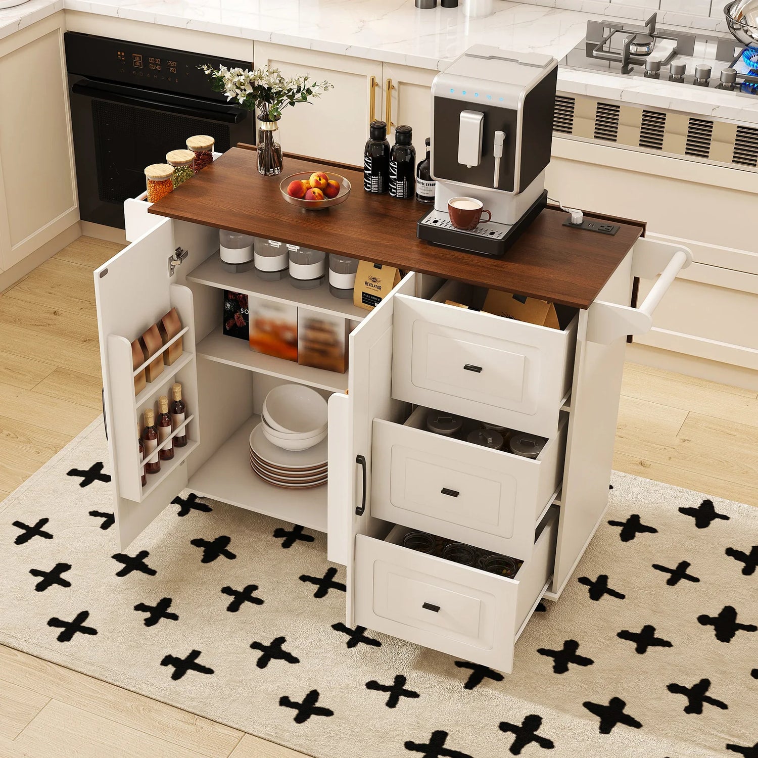 White Kitchen Island Cart with Foldable Tabletop & Drop Leaf - Mobile Breakfast Bar on Wheels with Wood Top and Storage