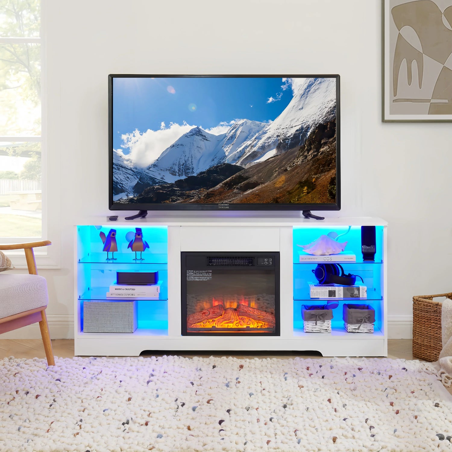 TV Stand Electric Fireplace TV Stand with Glass Shelves, 3D Fireplace TV Stand with LED Lights Wood with USB Charging Outlet Modern Television Table Center for TV up to 32-62' White 58''W*15.5''D*24.4