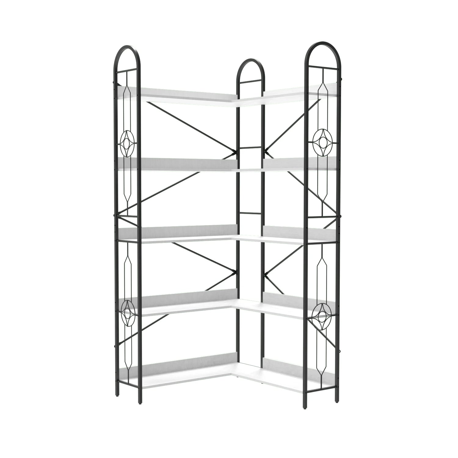 Industrial Style 5 Tier Corner Bookshelf, Ivory White MDF with Thickened Iron Frame, 72.05 Inch