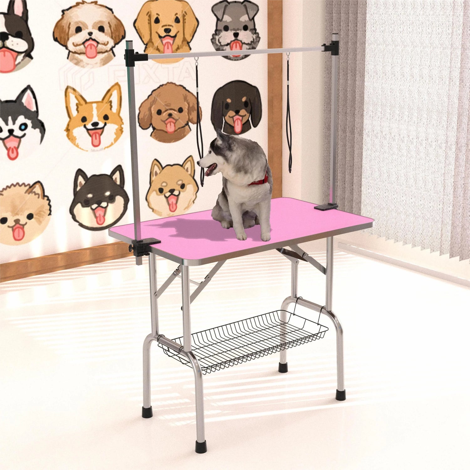 36' Folding Dog Pet Grooming Table Stainless Steel Frame Rubber Mat on Board with Adjustable Arm and Clamps pet dog Cat Grooming Table (PINK COLOR)