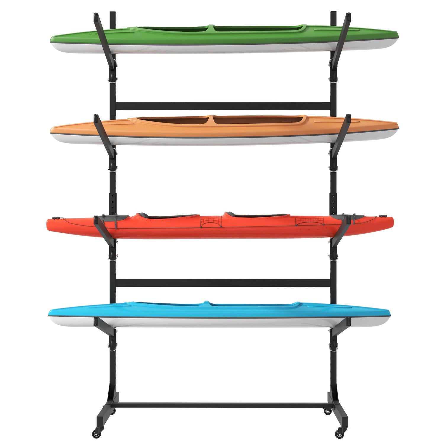 Freestanding Kayak Storage Rack with Lockable Wheels for Kayak, Canoe, SUP & Surfboard, Heavy-Duty Adjustable Stand, Black Metal, 80''H