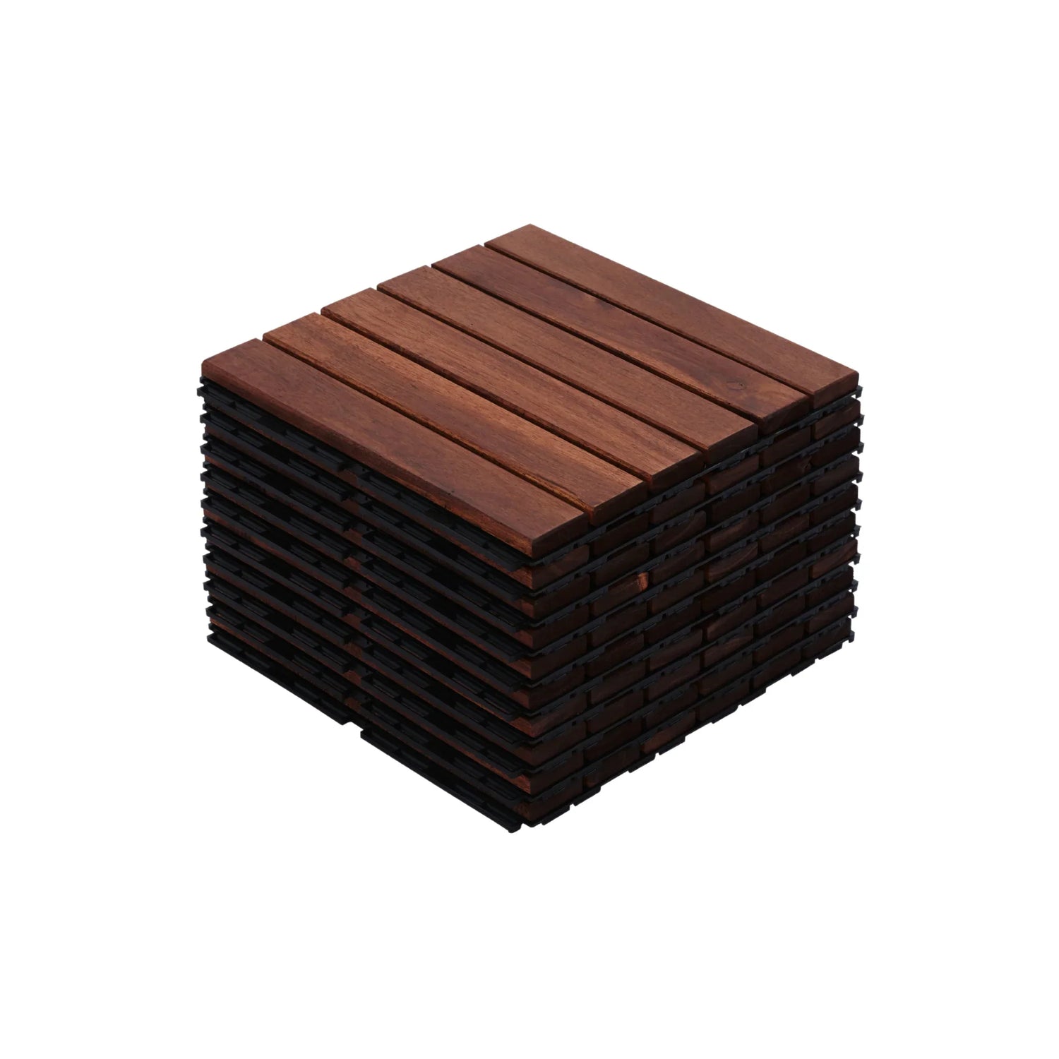 Acacia Hardwood Interlocking Deck Tiles Striped Pattern for Outdoor Flooring in Brown, 12' x 12'