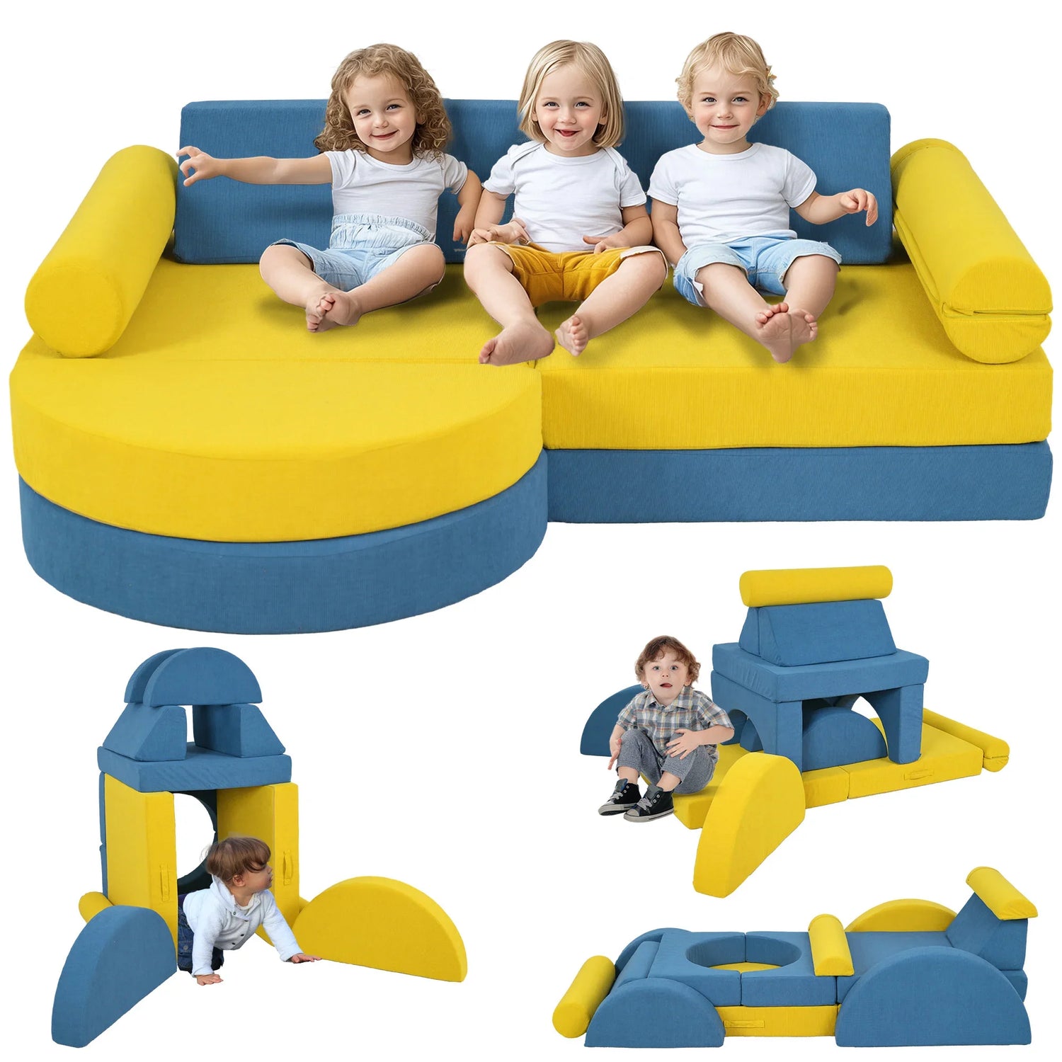 Qaba Modular Kids Play Couch, 14 Piece Kids Couch, Child Sectional Sofa for Playing, Sitting & Sleeping, Convertible Foam Floor Cushions for Boys & Girls, Yellow