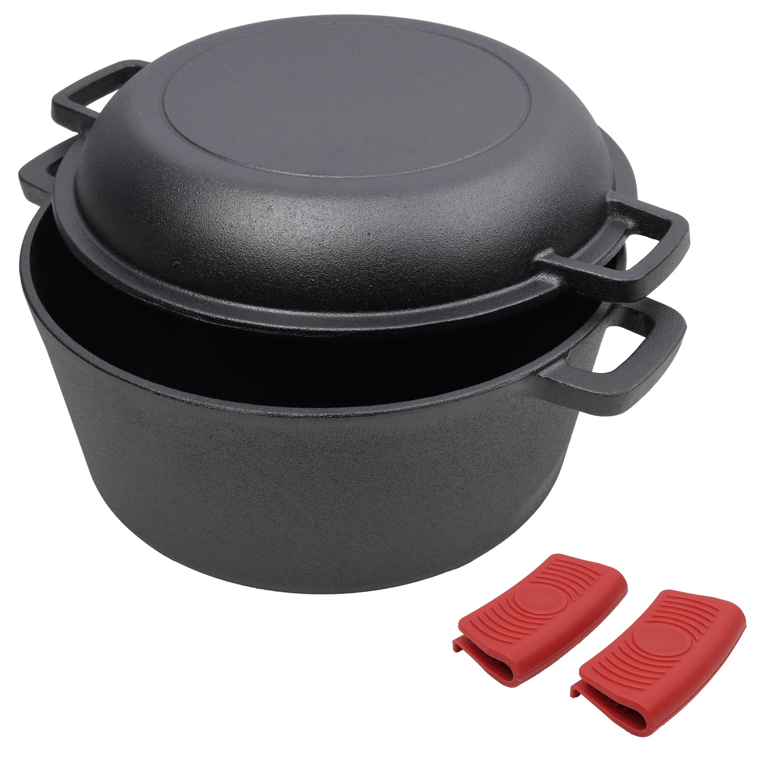 Pre-Seasoned Cast Iron Dutch Oven 2-in-1 with Dual Handles and Silicone Covers, Black, Iron, 5 Quart