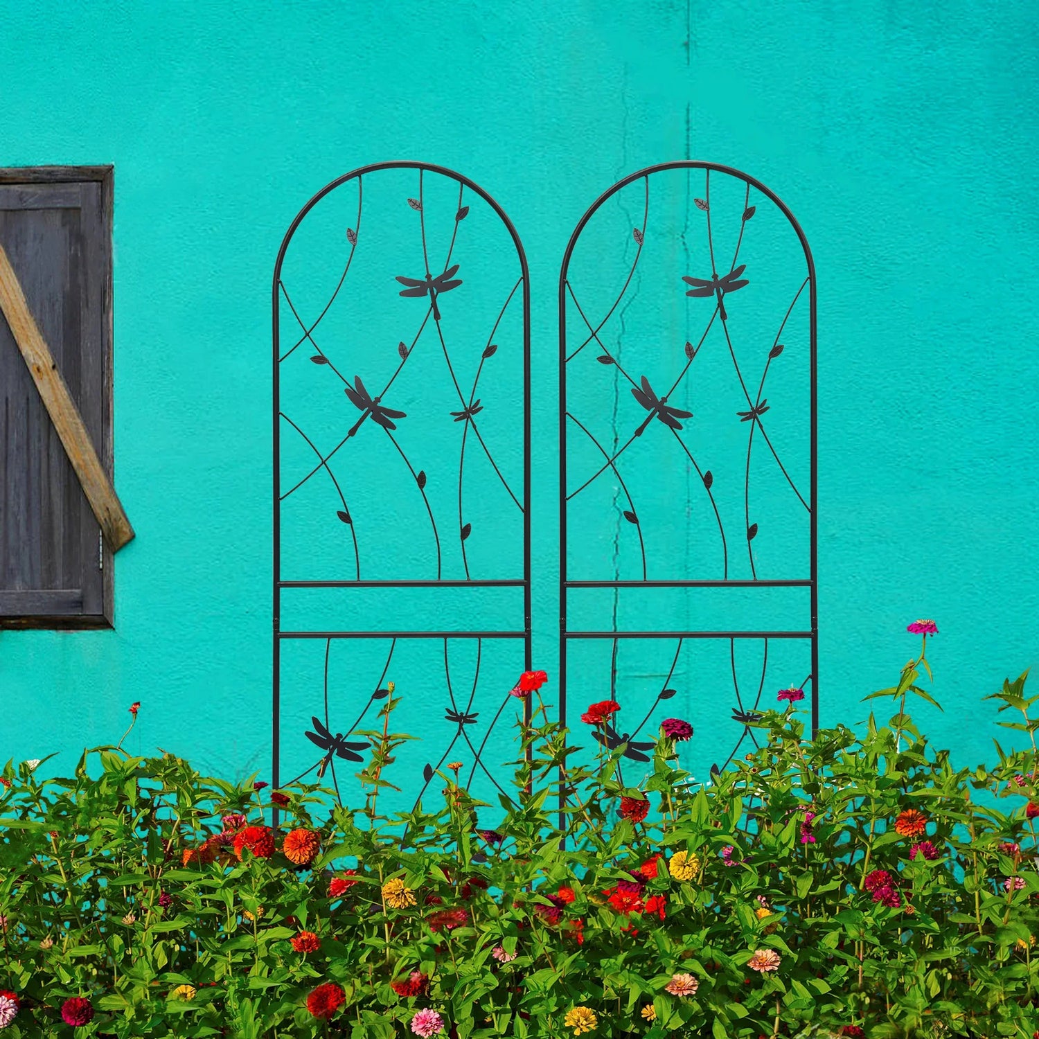 2 Pack Metal Garden Trellis 71' x 19.7' Rustproof Trellis for Climbing Plants Outdoor Flower Support Dragonfly Deco Black