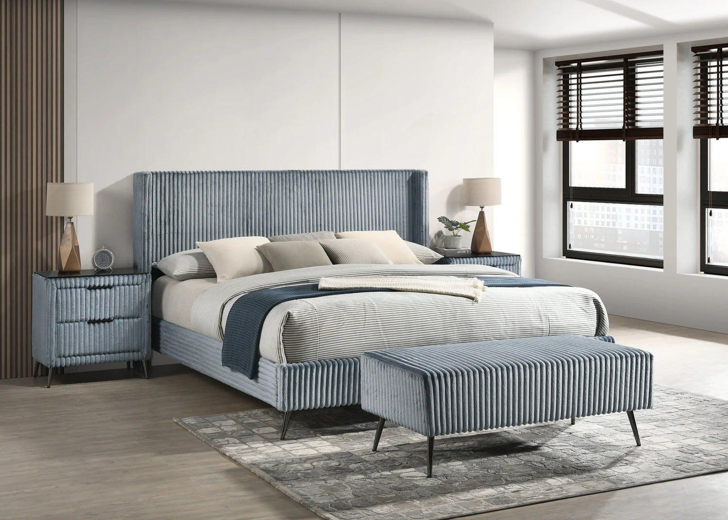 Mavela Wide Wale Corduroy Upholstery Panel King Bed with 2 Nightstands and Bench, Blue