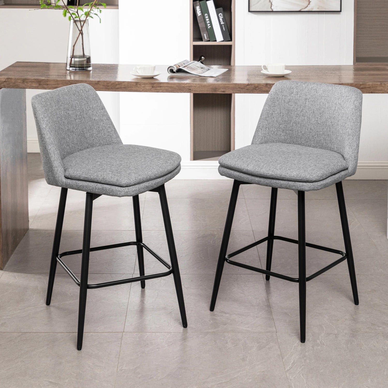 Counter Height Swivel Bar Stools Set of 2, 360° Swivel Upholstered Barstools with Back and Metal Legs, 25.6' Seat Height,Counter Stools for Kitchen Island and Pub,Linen Cloth,Grey