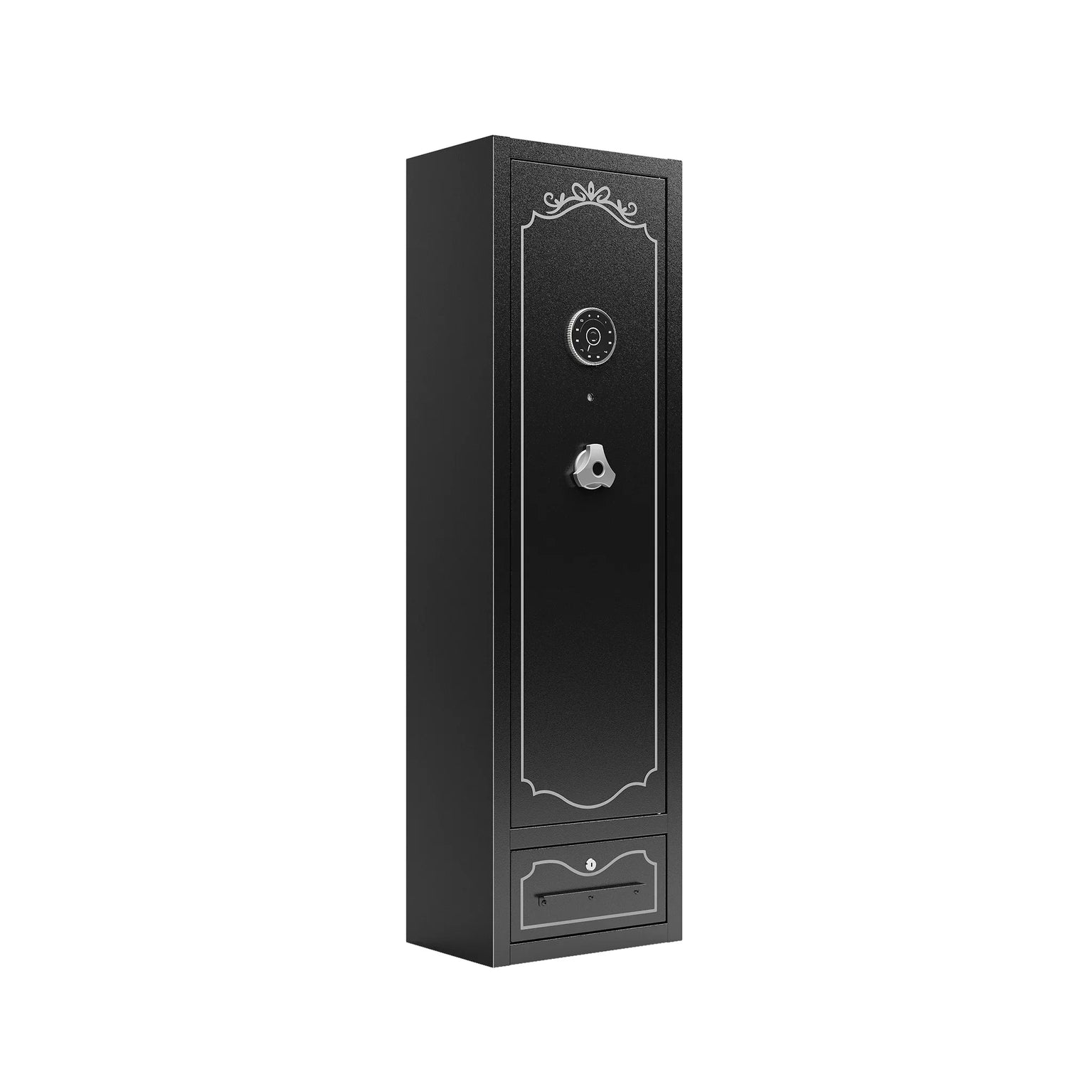 Caja fuerte para rifles con capacidad para 8 armas. Admite rifles, pistolas y escopetas. Cerradura digital para acceso rápido. Estante extraíble. Armero especial para rifles con mira telescópica. Además, incluye un práctico cajón de almacenamiento.