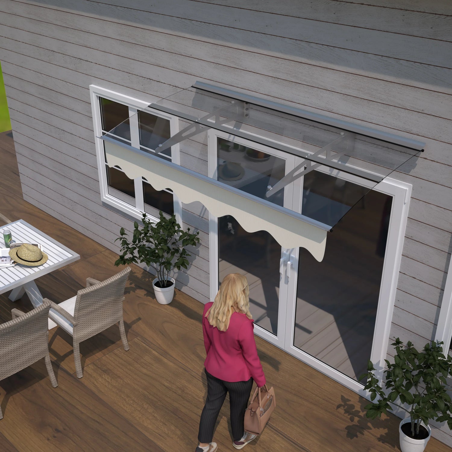 5934W Series Door Window Awning Canopy W59'xD34' Made of 0.137Inch /3.5mm Thick Virtually Crystal Solid Polycarbonate Sheet with Polyester Valance for Wooden House.