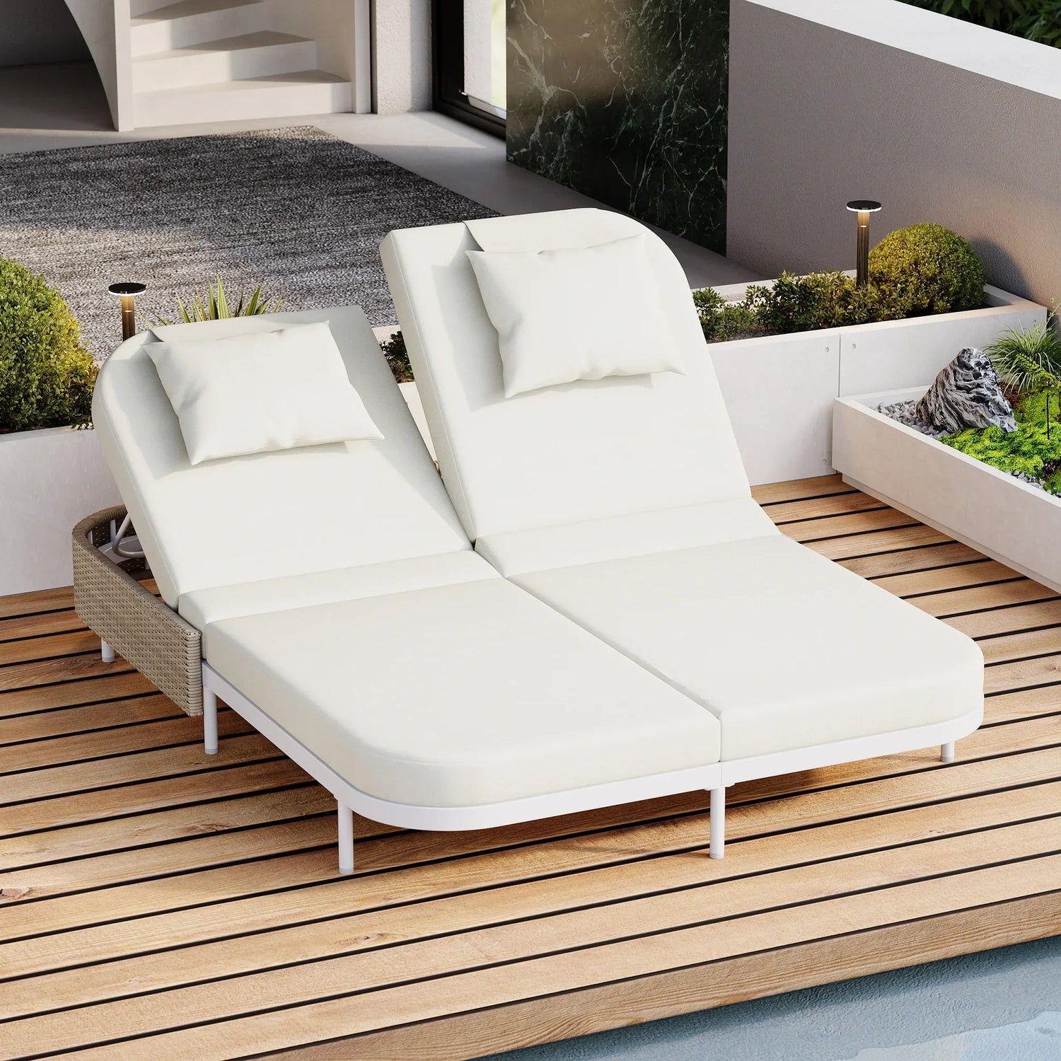 TREXM Outdoor Daybed, Patio Rattan Daybed with 5-Position Adjustable Backrest and Removable Cushions&Pillows, Iron Frame Outdoor Bed Loveseat for Garden, Backyard, Poolside (White Frame+Beige Cushion)