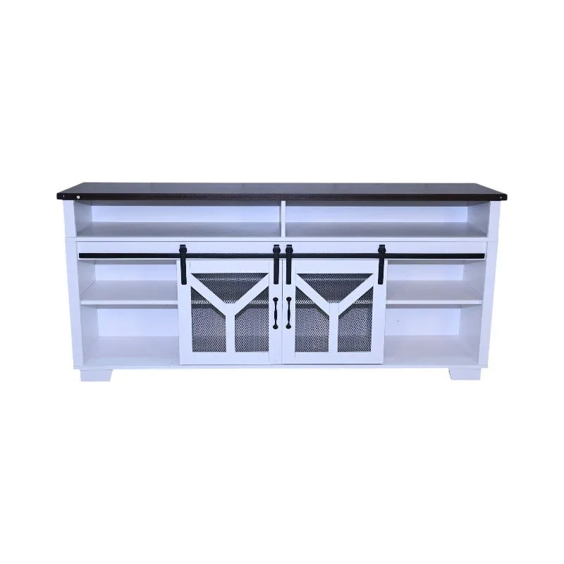 65.3' TV Stand with LED light strips and Iron mesh barn door Y decorative strip white + Black walnut color (top) farmhouse