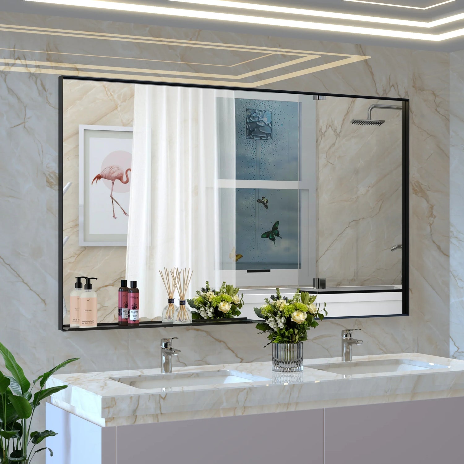 60*36' Oversized Modern Rectangle Bathroom Mirror with Balck Frame Decorative Large Wall Mirrors for Bathroom Living Room Bedroom Vertical or Horizontal Wall Mounted mirror with Aluminum Frame