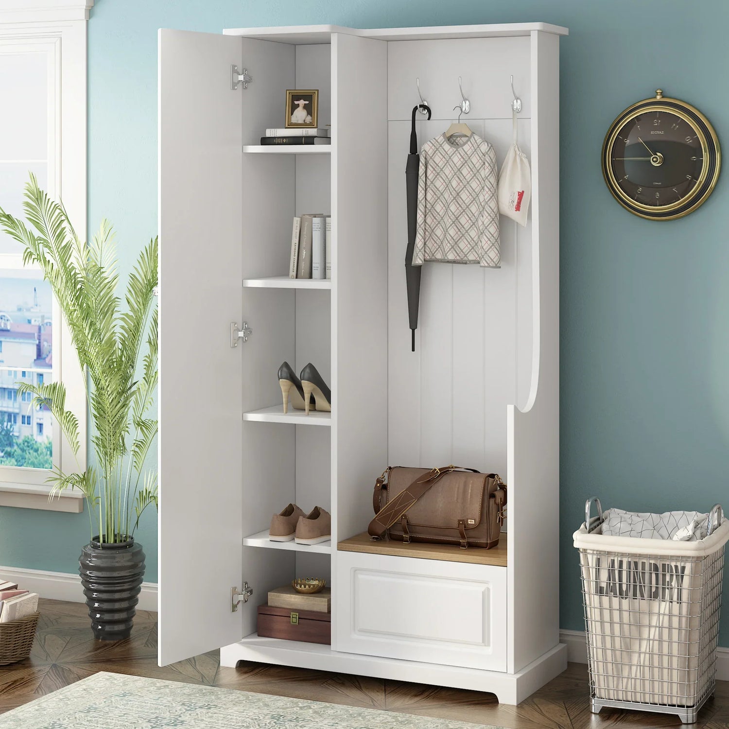 ON-TREND Stylish Design Hall Tree with Flip-Up Bench, Minimalist Hallway Shoe Cabinet with Adjustable Shelves, Multifunctional Furniture with Hanging Hooks for Entryways, Mudroom, White