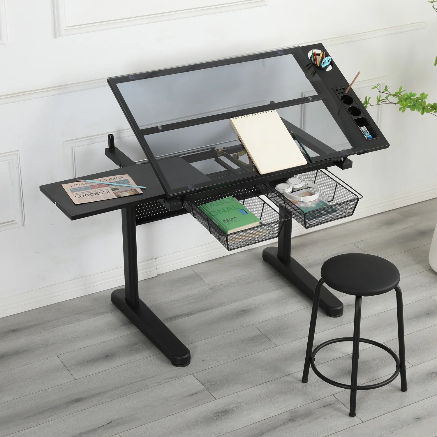 hand crank adjustable drafting table drawing desk with 2 metal drawers (BLACK)WITH STOOL