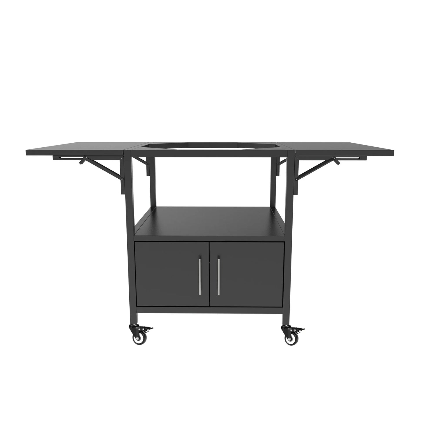 Outdoor Grill Table for Big Green Egg Style BBQ, Metal Grill Cart with 2 Folding Panels, Black Metal, 59.3 x 27.6 x 31 Inches
