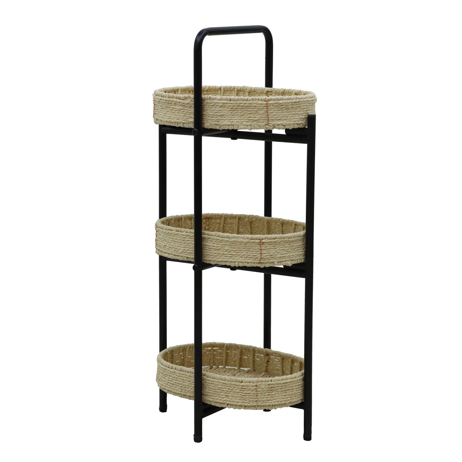 Farmhouse Style 3 Tiers Tray Tables Paper Rope Woven Side Table with Oval Storage Basket in Natural