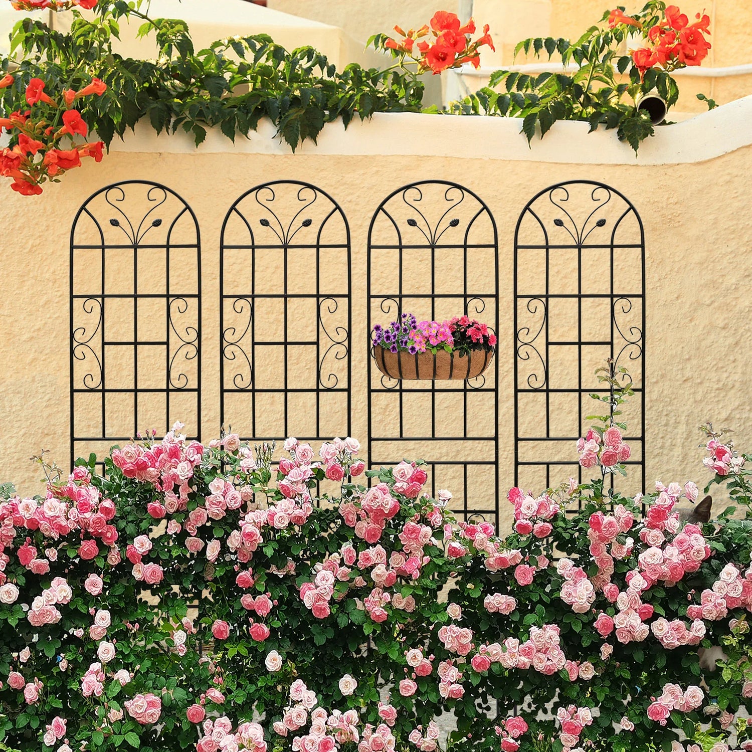 4 Pack Metal Garden Trellis 86.7' x 19.7' Rustproof Trellis for Climbing Plants Outdoor Flower Support Black