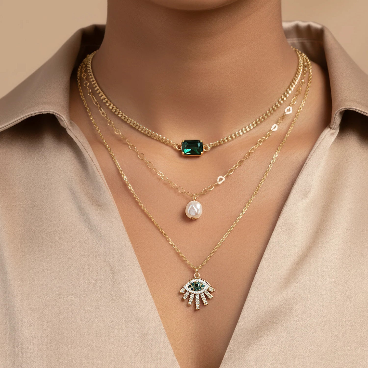 Buytitude Charm & Protection Triple Layer Chain Necklace and Earrings