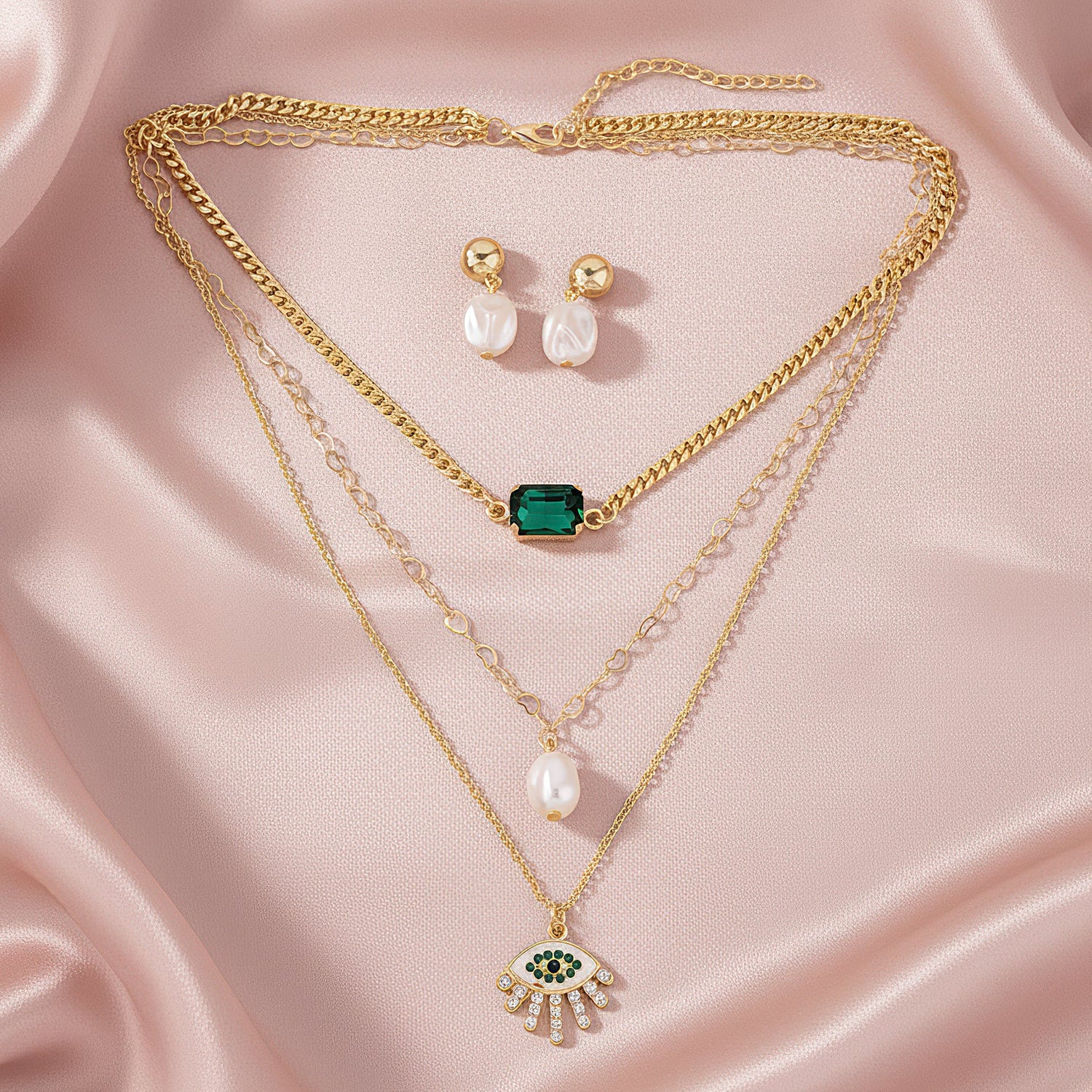 Buytitude Charm & Protection Triple Layer Chain Necklace and Earrings