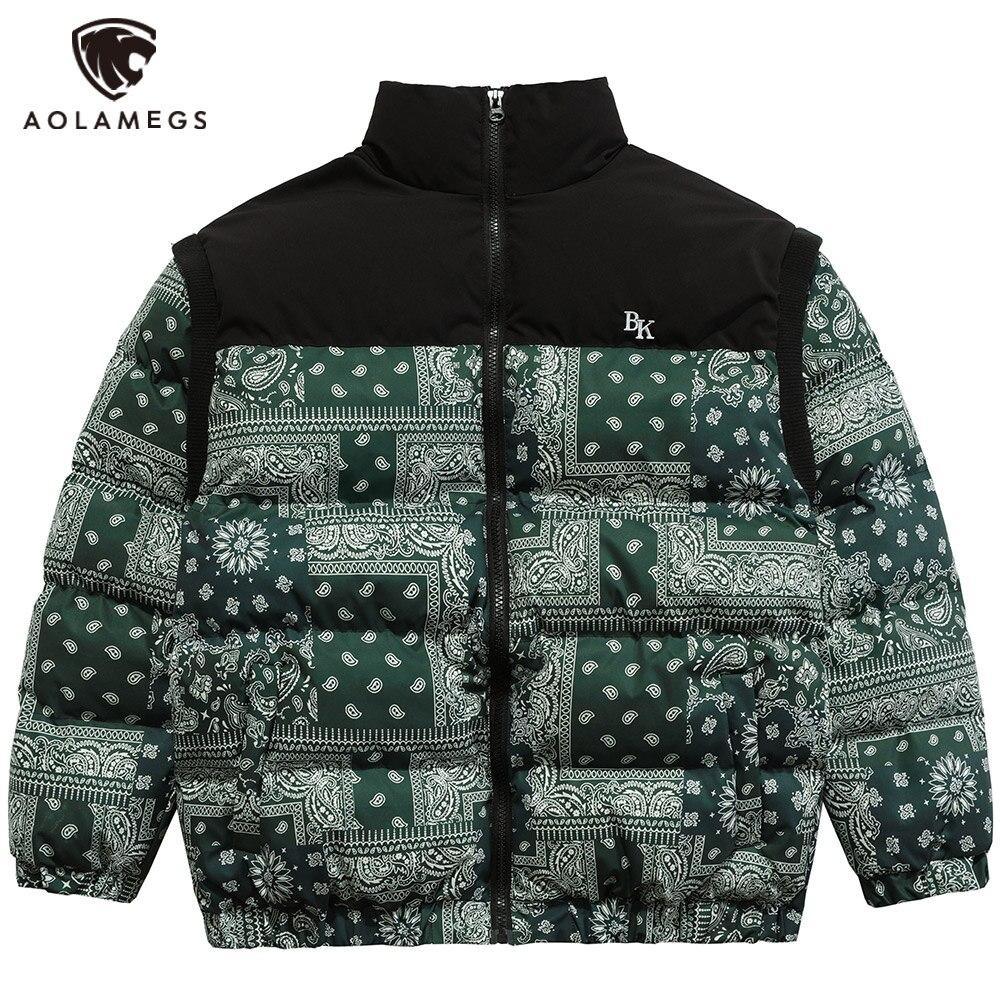 Parka Winter Jacket Men Furry Letter Paisley Printed Patchwork Hip Hop