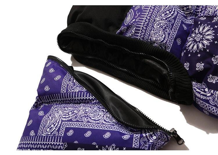 Parka Winter Jacket Men Furry Letter Paisley Printed Patchwork Hip Hop